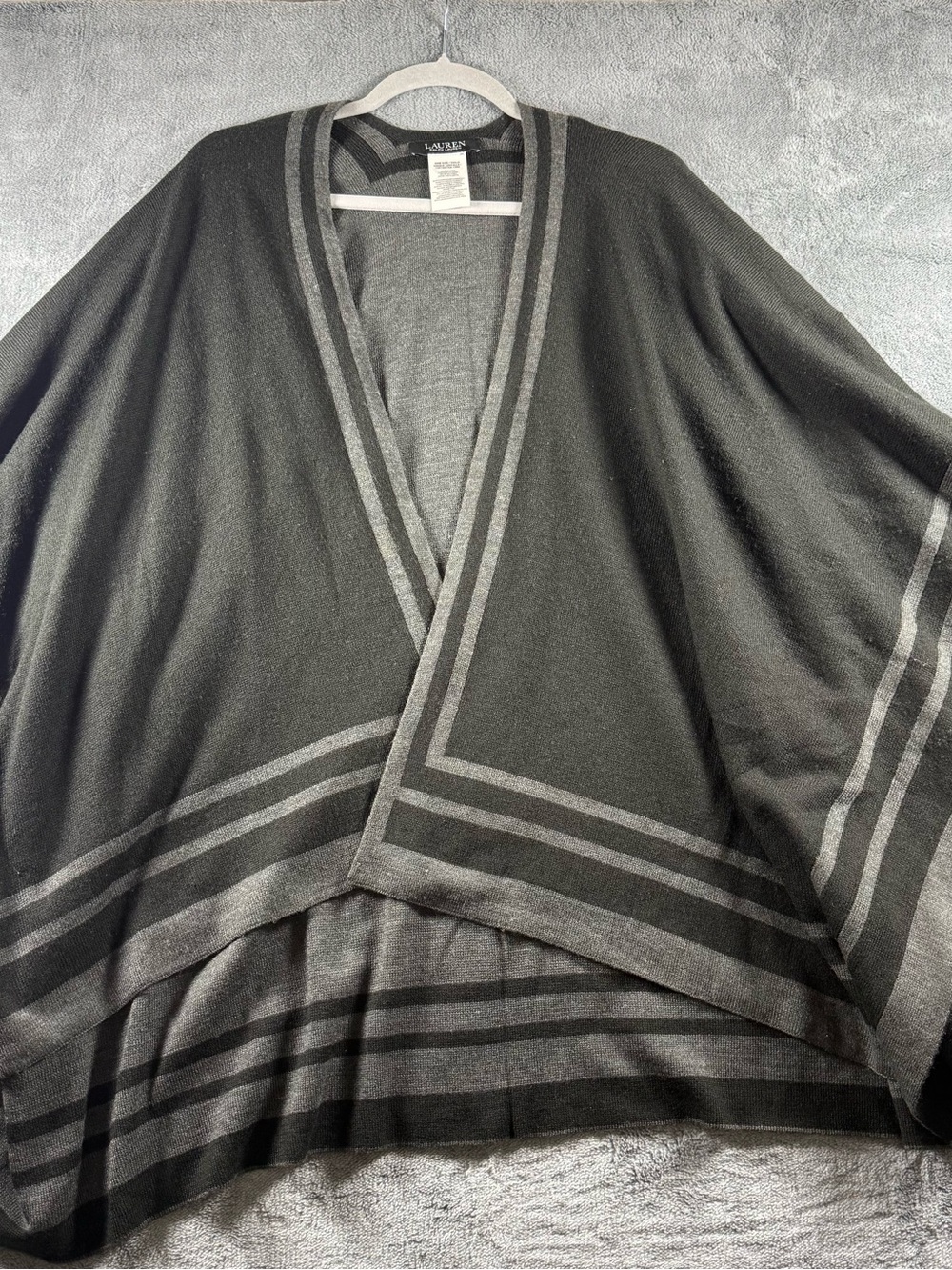Lauren Ralph Lauren Black Gray Two-tone Ruana Poncho Open Cardigan Shawl Reverse